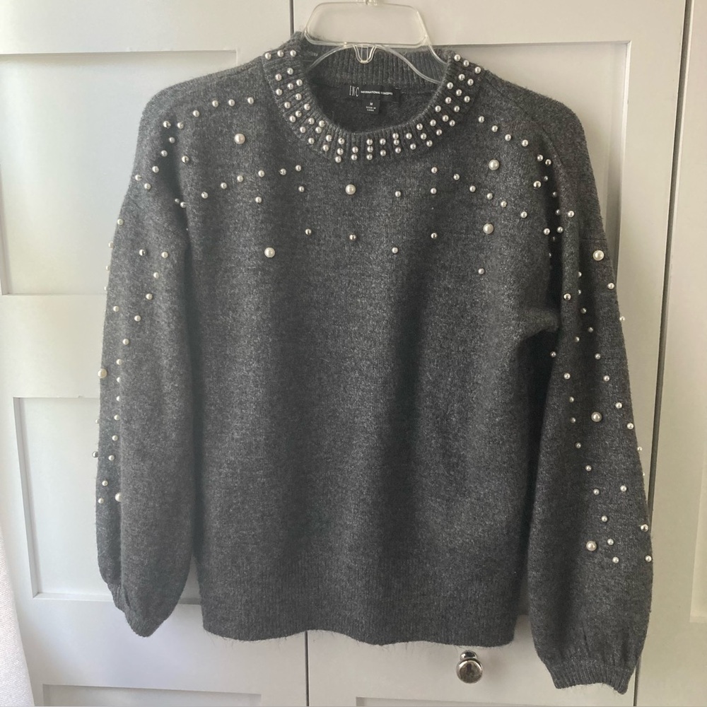 Charcoal Gray Pearl & Silver Bead Embellished  Ballon Sleeve Mock Neck Sweater